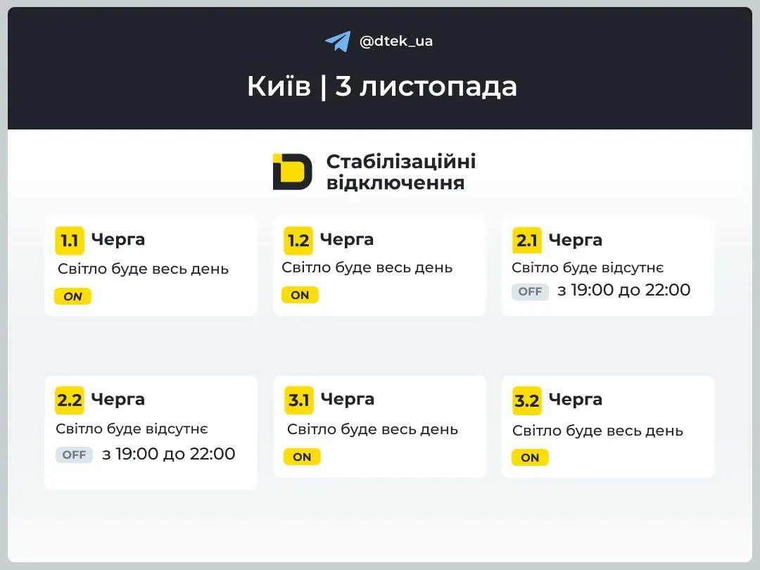 Графіки відключень світла Київ 3 листопада: де і коли не буде електроенергії