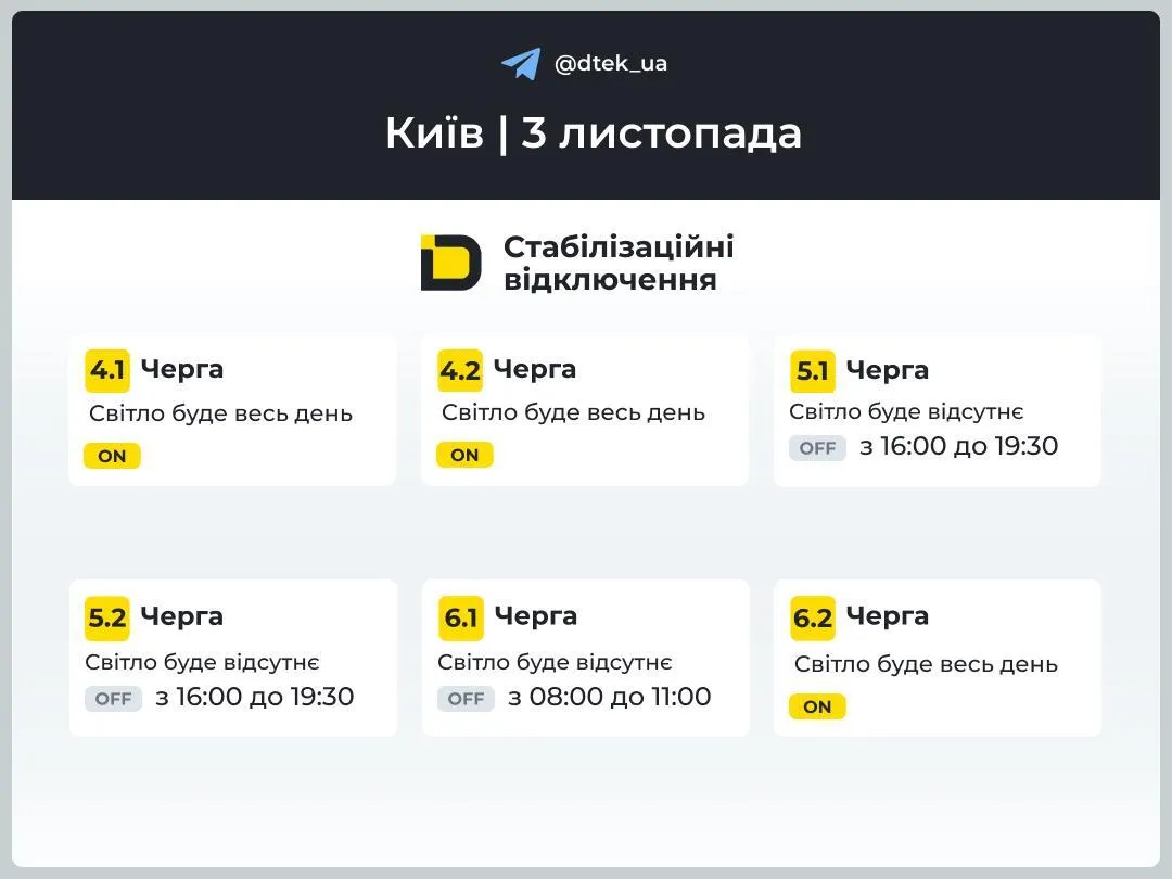 Графіки відключень світла Київ 3 листопада: де і коли не буде електроенергії