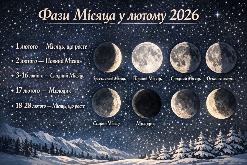 Місячний календар лютий 2026: сприятливі та несприятливі дні за фазами Місяця