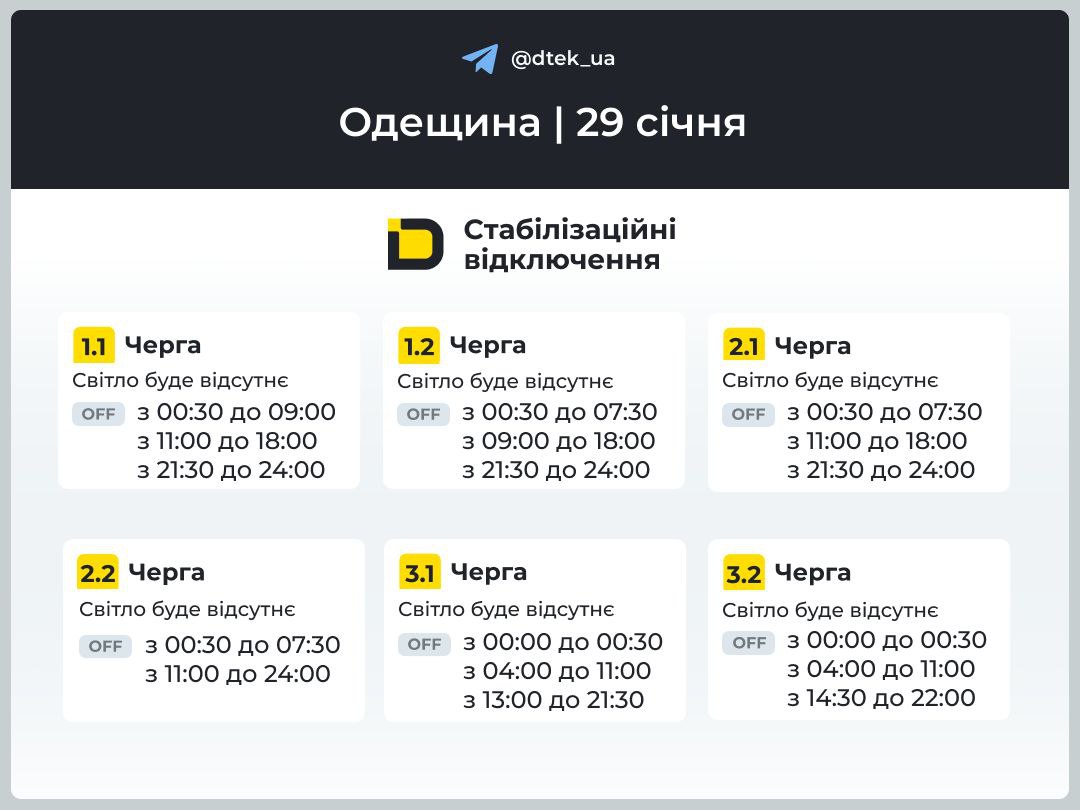 Стабілізаційні вимкнення в Одесі 29 січня