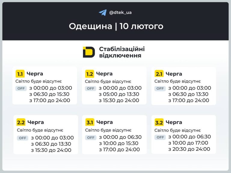 графіки відключення електроенергії для частини Одеської області на вівторок, 10 лютого. 