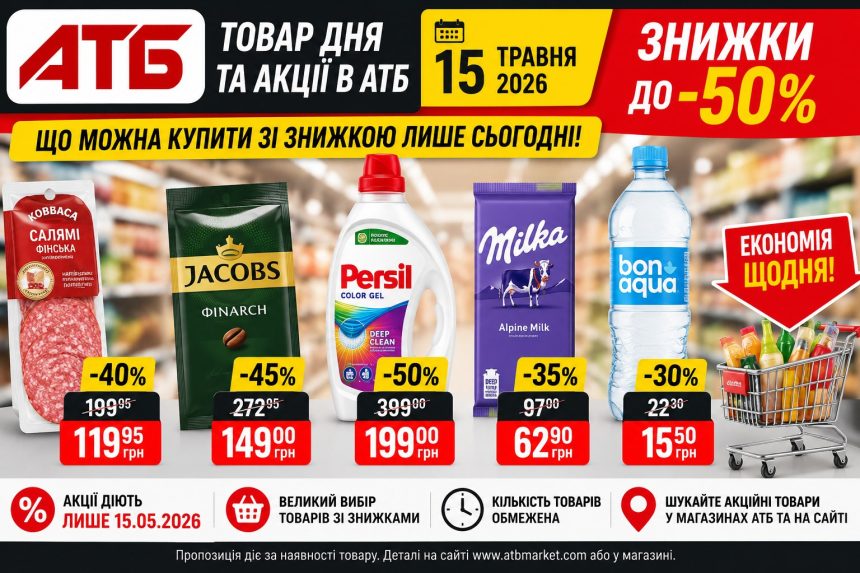 Товар дня та акції в АТБ 15 травня 2026: що можна купити зі знижкою до -50% лише сьогодні