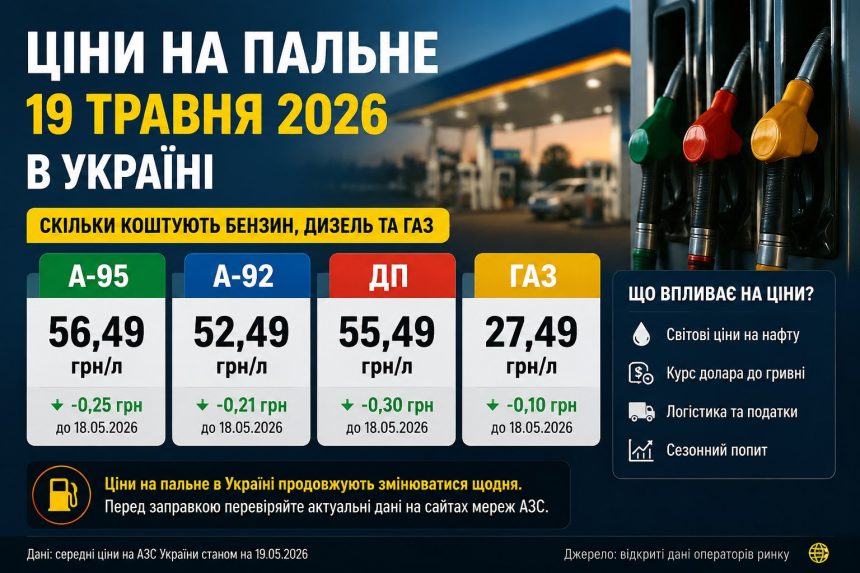 Ціни на пальне 19 травня 2026 в Україні: скільки коштують бензин, дизель та газ