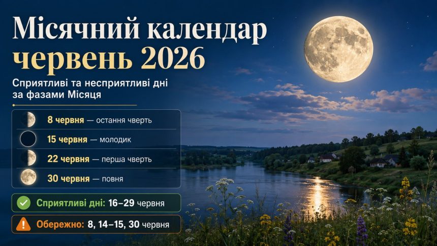 Місячний календар червень 2026: сприятливі та несприятливі дні за фазами Місяця