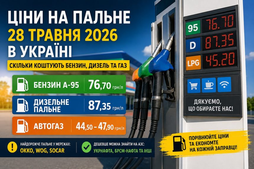 Ціни на пальне 28 травня 2026 в Україні: скільки коштують бензин, дизель та газ