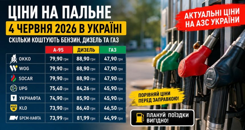 Ціни на пальне 4 червня 2026 в Україні: скільки коштують бензин, дизель та газ