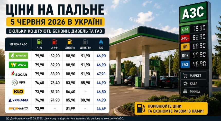 Ціни на пальне 5 червня 2026 в Україні: скільки коштують бензин, дизель та газ
